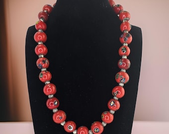 Vintage Millefiori Venetian Glass Red Beaded Necklace Boho Statement Necklace Red Chunky Bead Necklace Millefiori Glass Multicolor Necklace