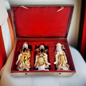 Vintage Fuk Luk & Sau Chinese Three Wise Men Figurines Asian Feng Shui Decor in Box Vintage Set Chinese Gods of Good Luck Prosperity Health