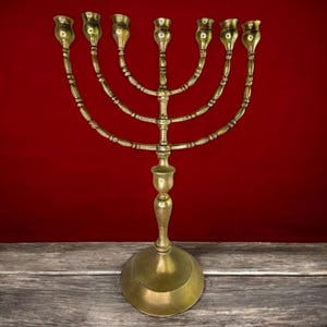 Vintage Menorah Solid Heavy Brass Temple XL Jerusalem Menorah Seven 7 Branch Brass Jewish Temple Menorah 17&quot; Large Brass Menorah Vintage