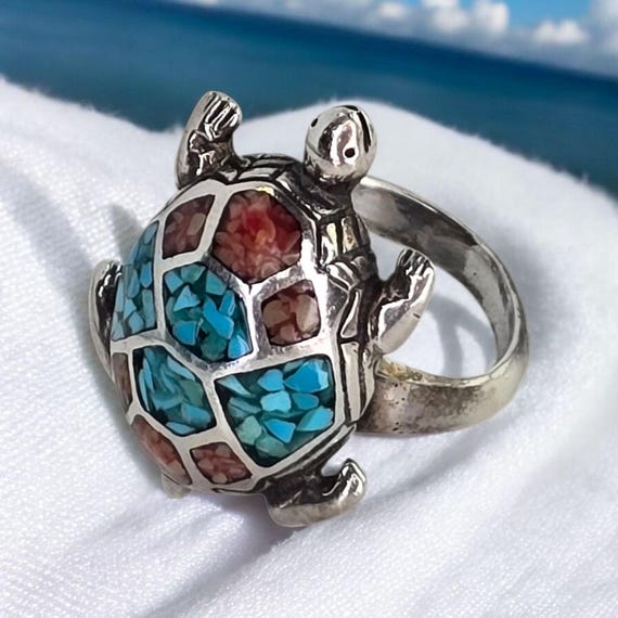 Vintage Navajo Sterling Silver Turquoise Coral Inlay Turtle