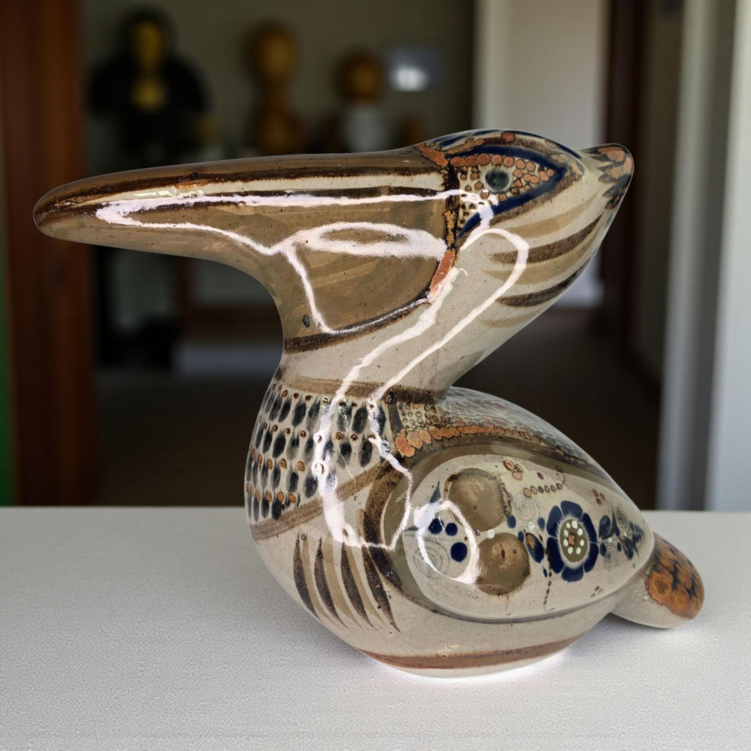 Vintage Large Mexico Tonala Pottery Pelican Bird Statue Handmade
