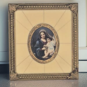 Antique French Hand Painted Madonna & Child Jesus Art Antique Miniature Painting Madonna dell&#39;uva Mignard Antique Religious Gift Mother Mary