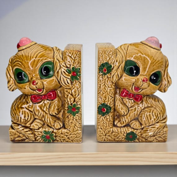 Vintage Big Eyed Puppy Dog Bookends Rare 1960s Kitschy Keane Style