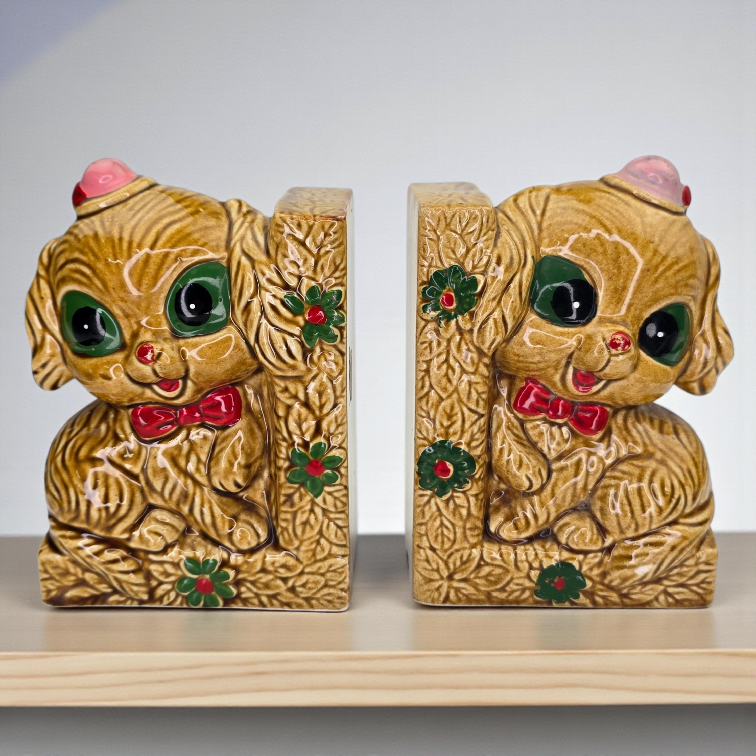 Vintage Big Eyed Puppy Dog Bookends Rare 1960s Kitschy Keane Style