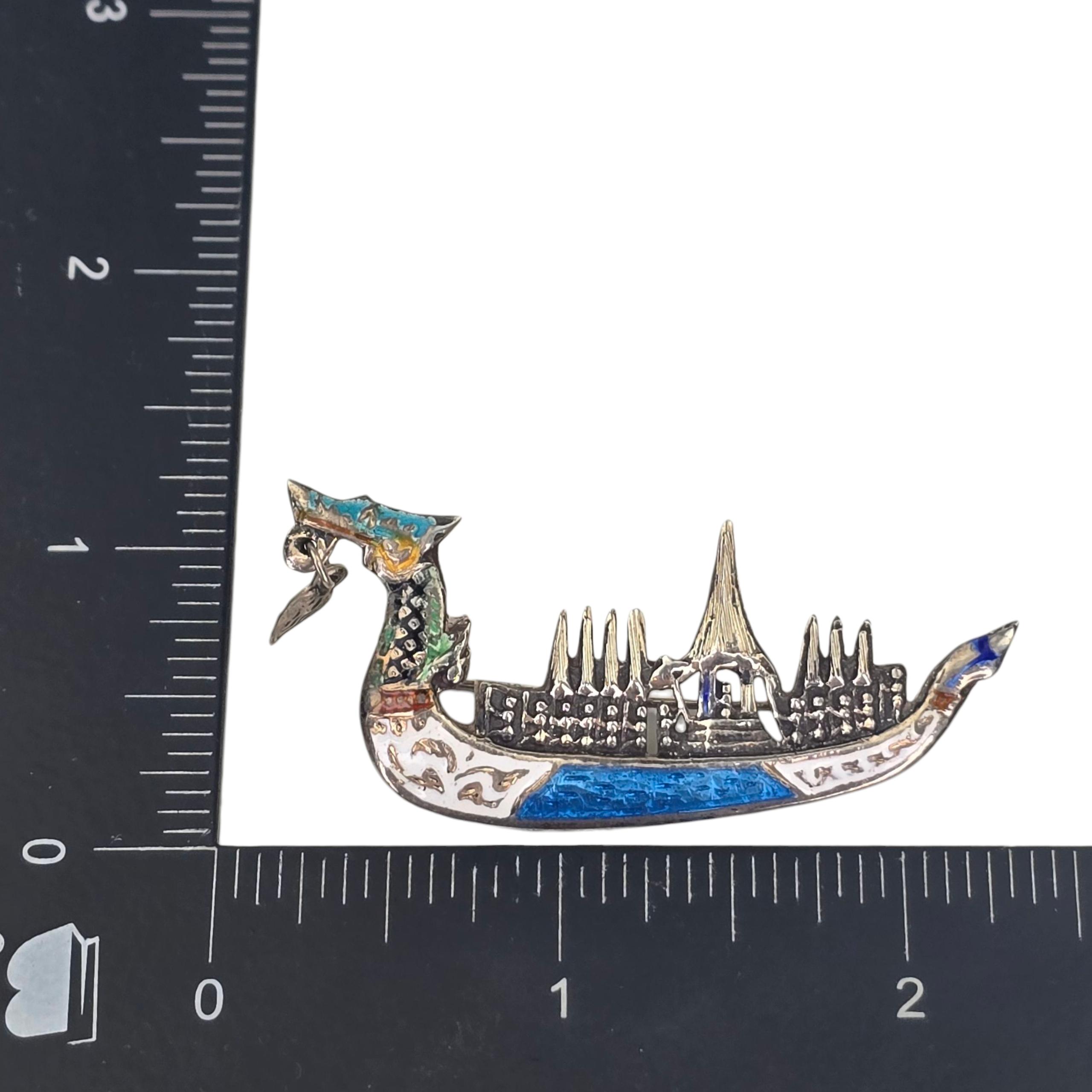 Vintage Signed Siam Sterling Silver Enamel Dragon Boat Brooch
