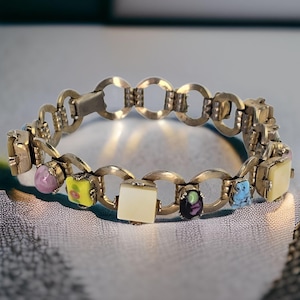 Vintage Multicolor Boho Bracelet Brass Link Mother of Pearl and Art Glass Bracelet Vintage Colorful Bracelet Elegant Colored Glass Jewelry