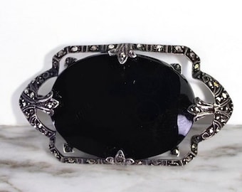 Vintage Sterling Silver Black Onyx Brooch Vintage Art Deco Onyx Marcasite Brooch Sterling and Onyx Victorian Style Vintage Brooch Black Onyx