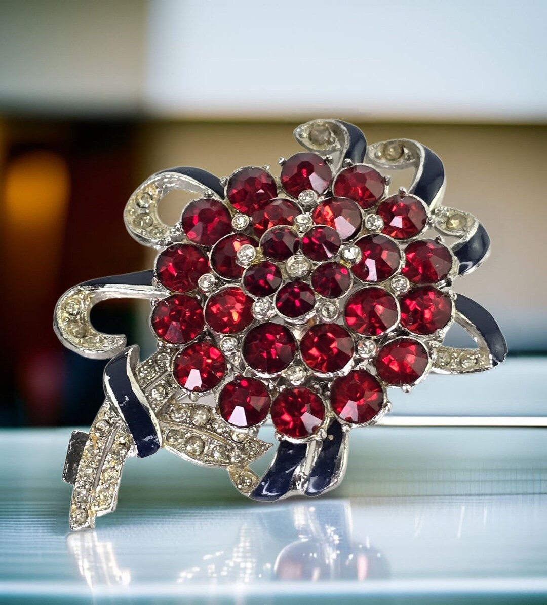 Broche Fleur Vintage Rose Et Rouge - Environ 8 Cm, Rare, Unique, En Parfait état D'occasion