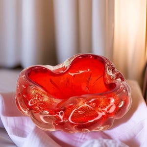 Rare 1960s Vintage Murano Bullicante Bowl Red Gold Fleck Murano Bowl Handblown Italian Art Glass Midcentury Murano Italy Glass Centerpiece