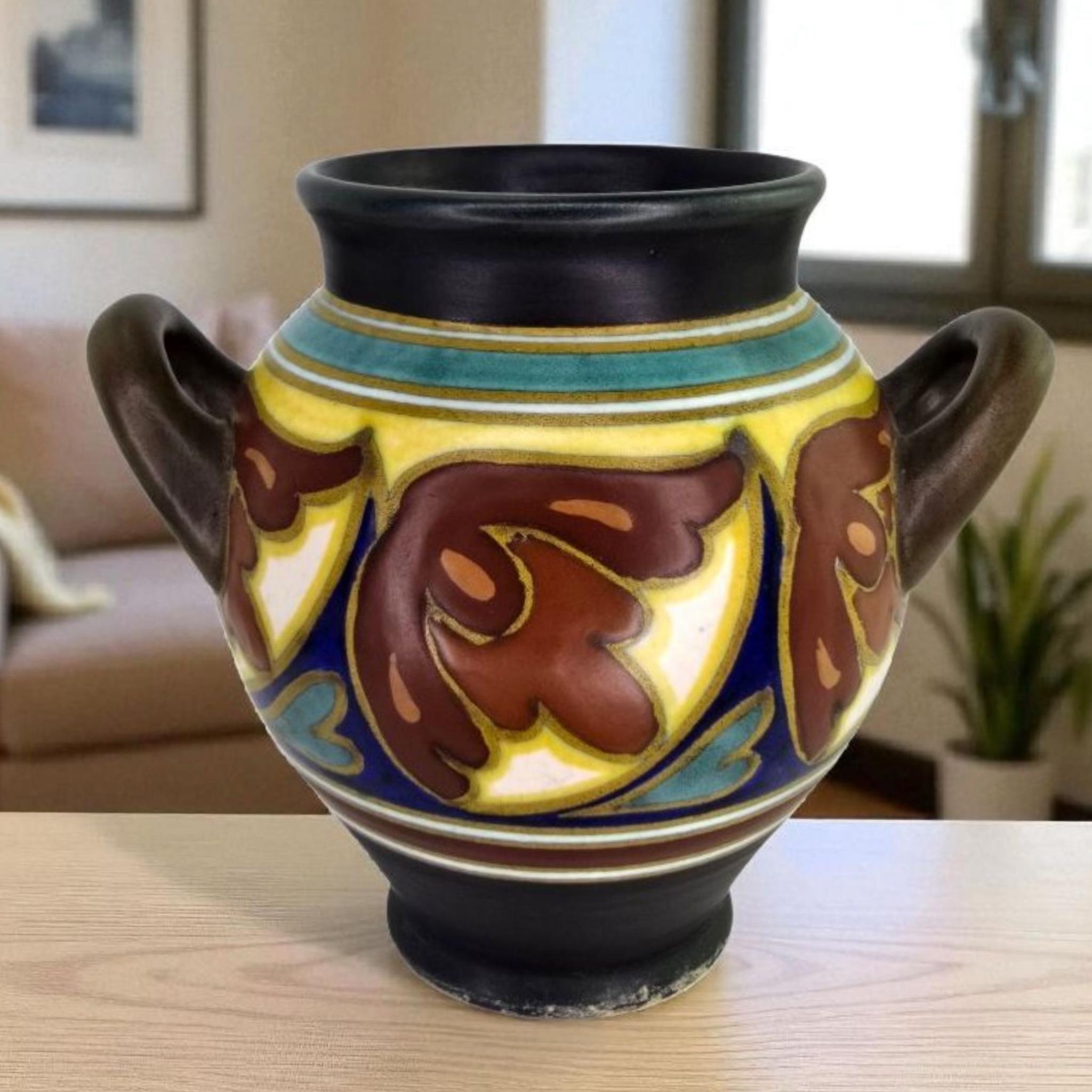 Antique Art Nouveau Gouda Vase Double Handle Floral Art