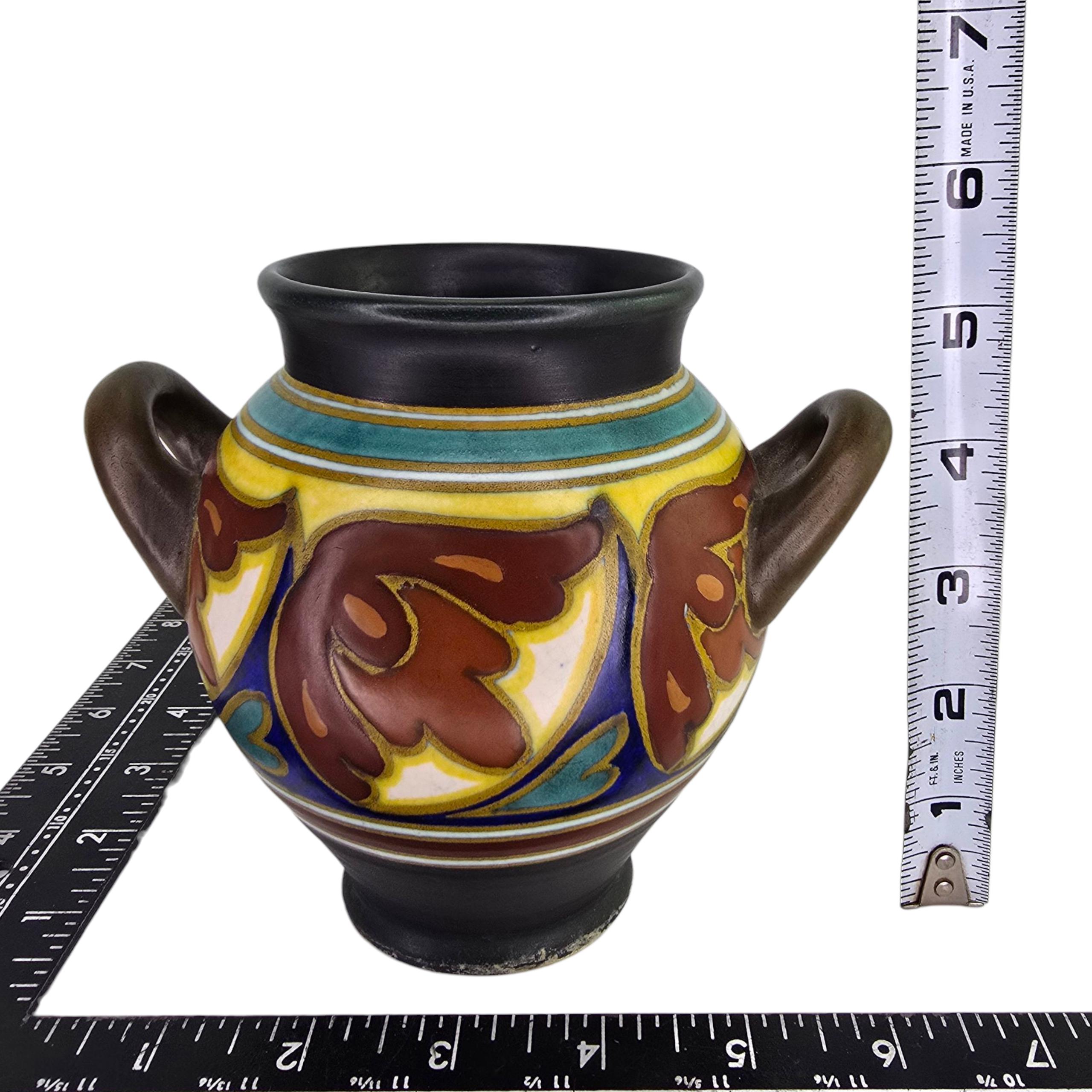 Antique Art Nouveau Gouda Vase Double Handle Floral Art Pottery