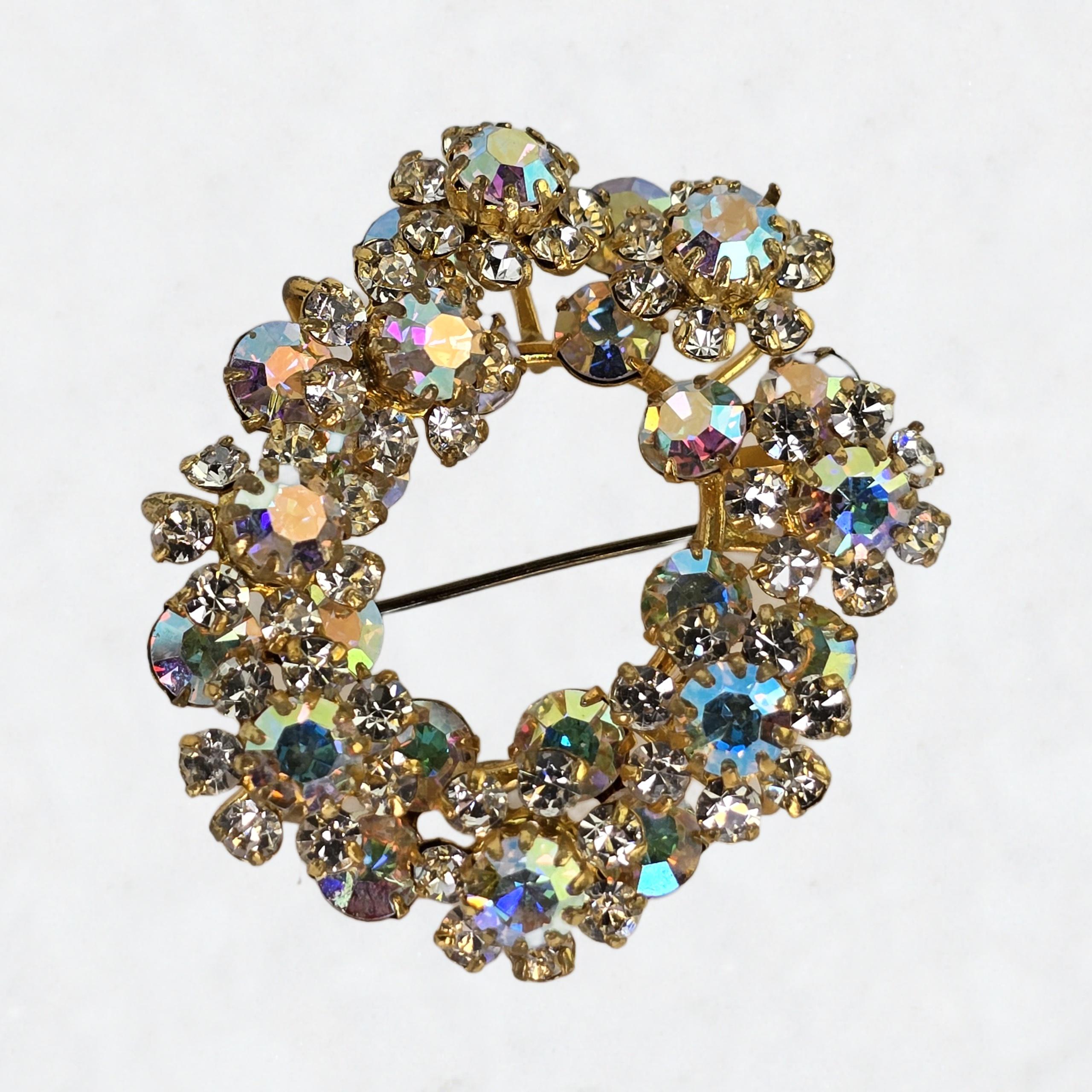 Broche Ancienne En Métal Doré Avec Cristal Autrichien Violet - Effet Aurores Boréales - Occasion