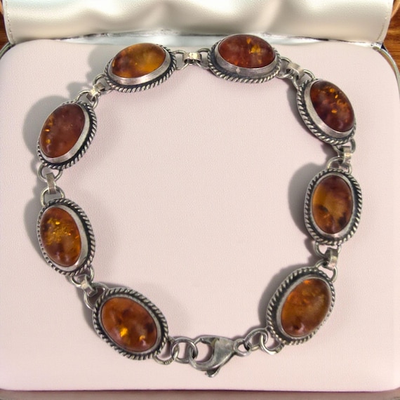 Vintage Signed Sterling Silver Baltic Amber Cabochon Link  display picture 2