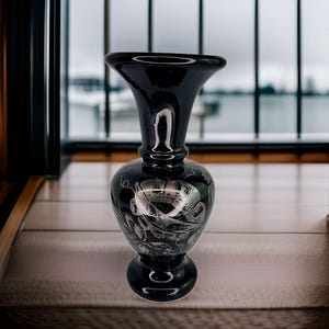Unique Vintage Fenton Signed Black Glass Vase Fenton Hand Painted Signed Fenton Vase Silver Poppies Black Fenton Glass Bud Vase Rare Signed