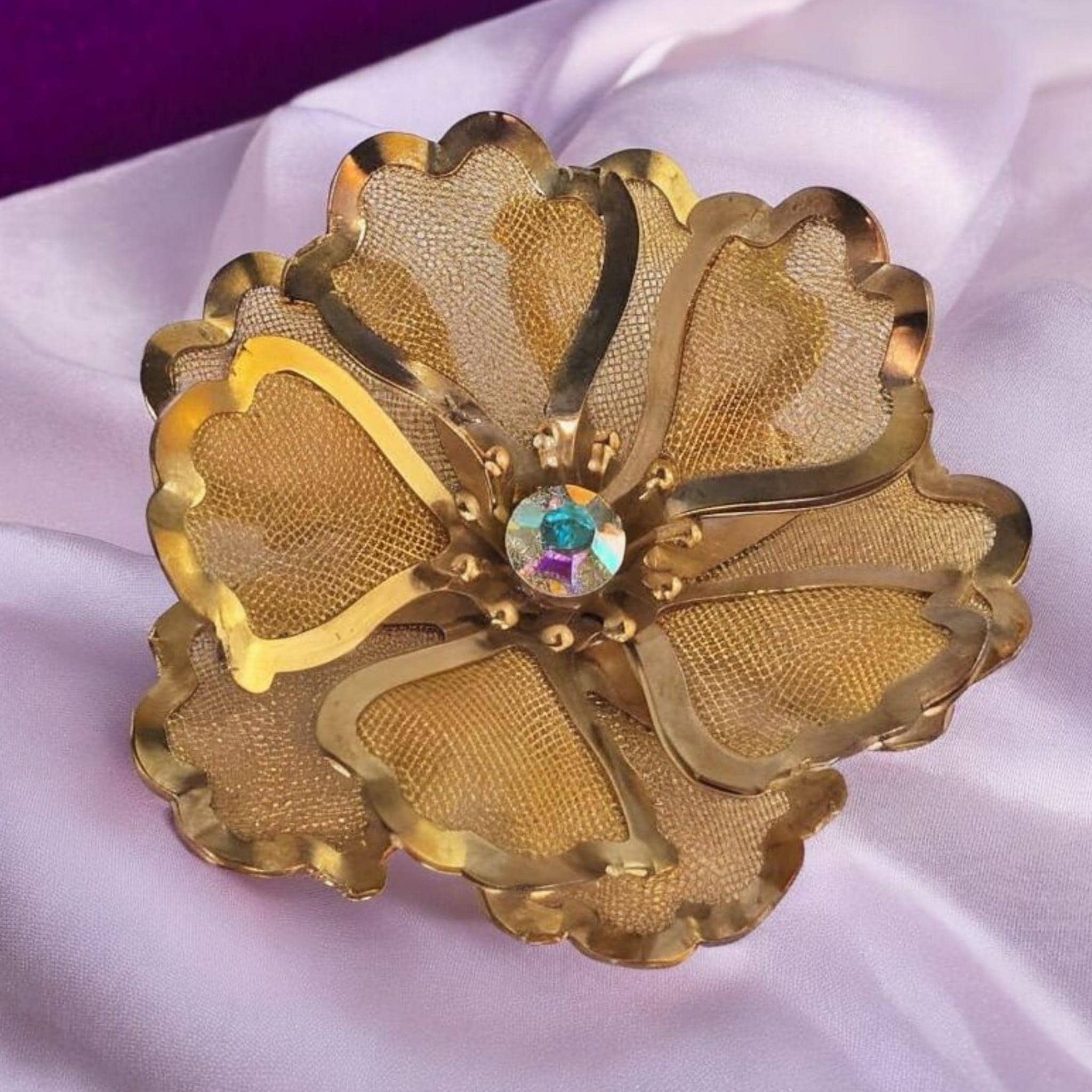 Grande Broche Vintage Fleur Or Et Cristaux, Bijou Fantaisie Femme, Très Bon état