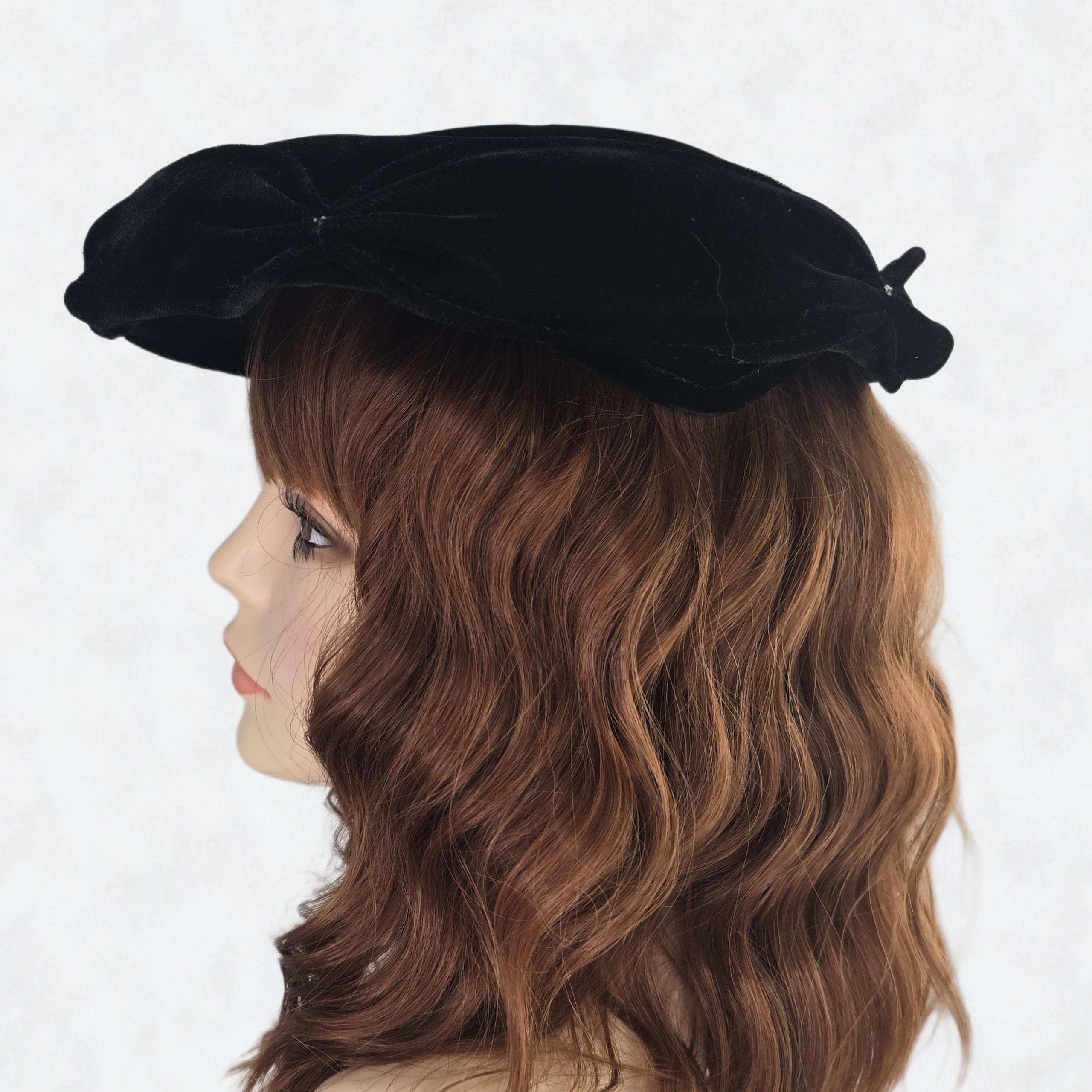 TIMELESS VINTAGE BLACK VELVET BERET STUDDED WITH BLACK BEADS & FRONTB BOW Black Velvet Cocktail Hat, Red Rhinestones | Drinks Anyone? main image 4