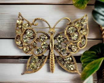 Vintage 1960s Brooch Butterfly Gold Tone Rhinestone Pin