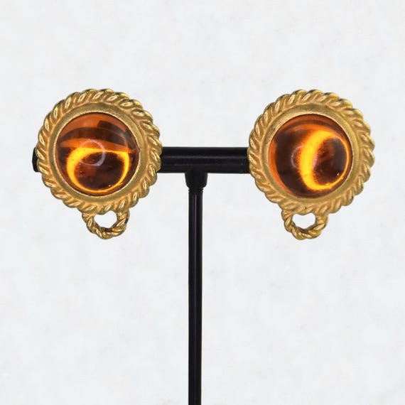 Boucles D'oreilles Clips Vintage Pendantes Avec Cabochons Ambrés - Occasion Bon état