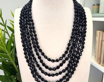 Vintage Signed Miriam Haskell Jet Black Faceted Art Deco Glass Bead Multistrand Necklace Vintage Designer Black Cocktail Statement Necklace