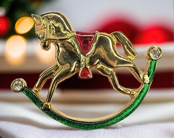 Vintage Kerst Broche Retro Hobbelpaard Broche Goudkleurige Kerst Pin Emaille Strass Vakantie Broche Cadeau voor Kerst Sieraden Pin