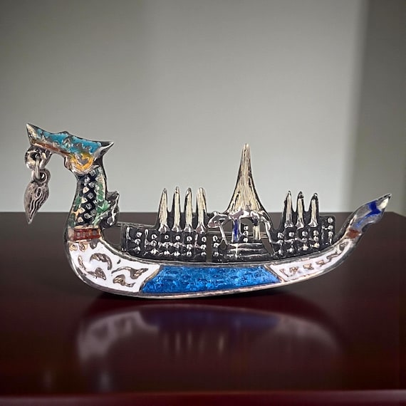 Vintage Signed Siam Sterling Silver Enamel Dragon Boat Brooch