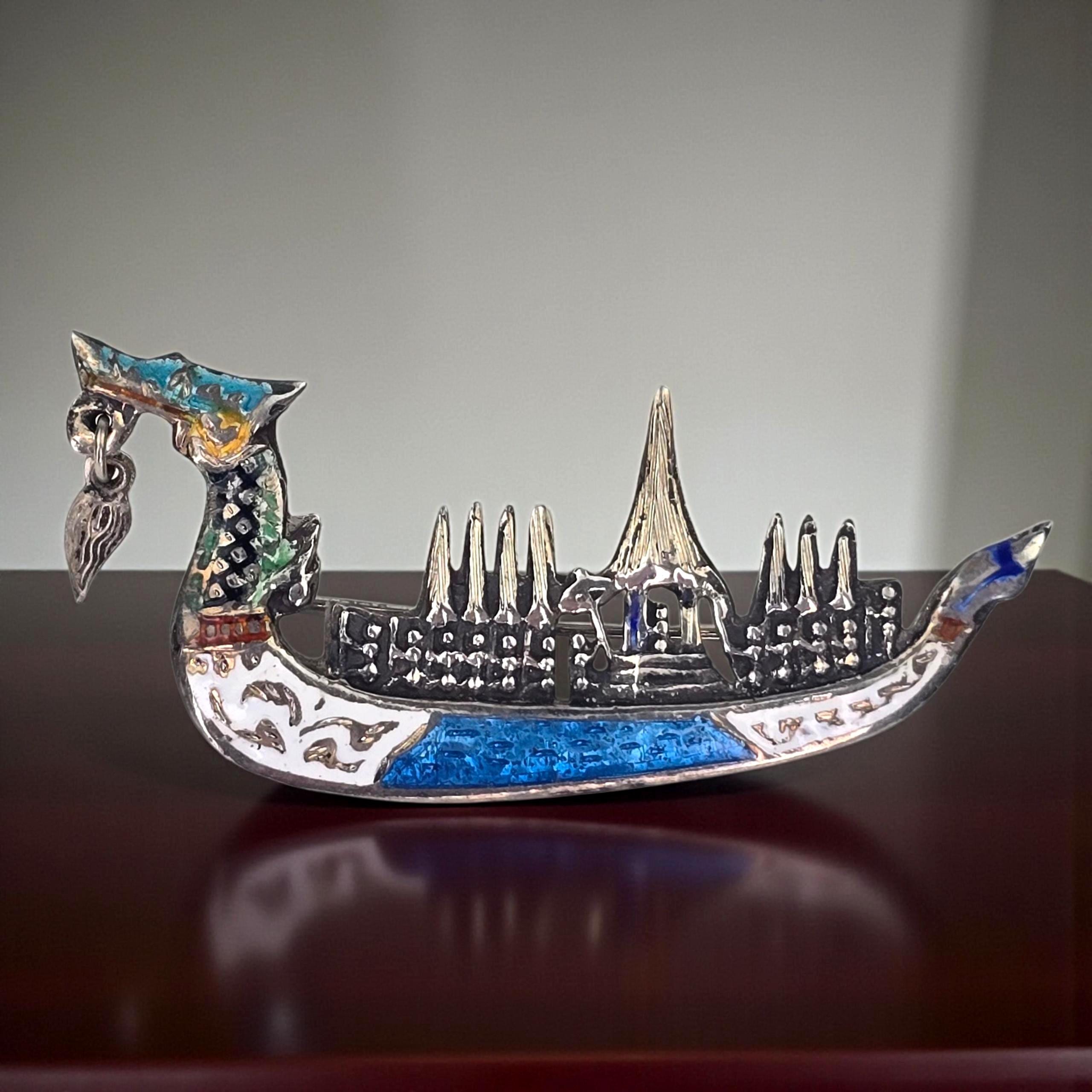 Vintage Signed Siam Sterling Silver Enamel Dragon Boat Brooch