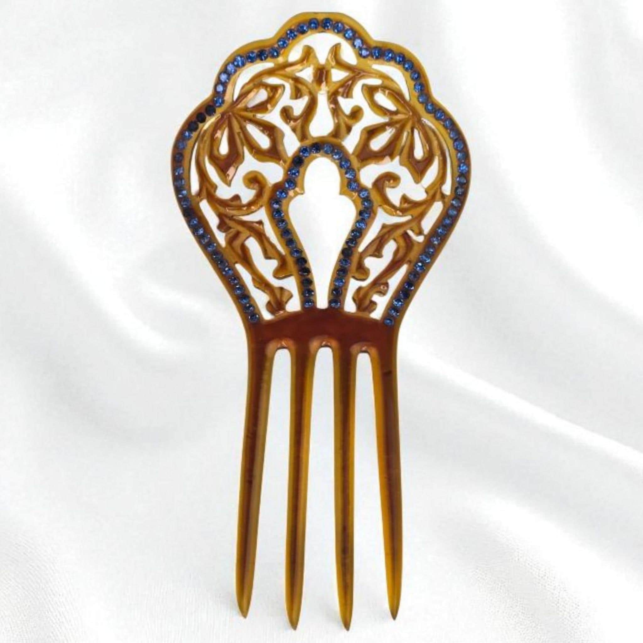 Antique Victorian Hair Comb Celluloid With Blue Rhinestone  display picture 2