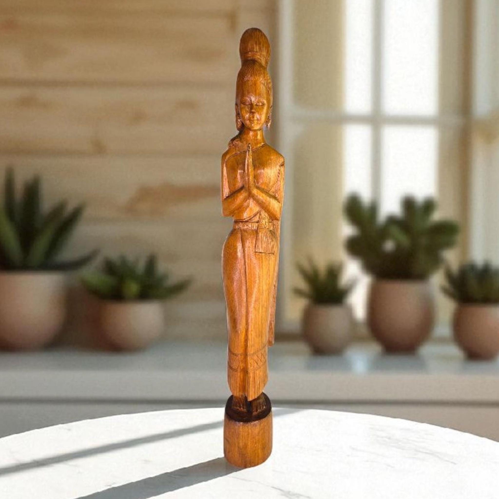 Vintage Sawasdee Lady Wood Hand Carved Thai Woman Wai Welcome