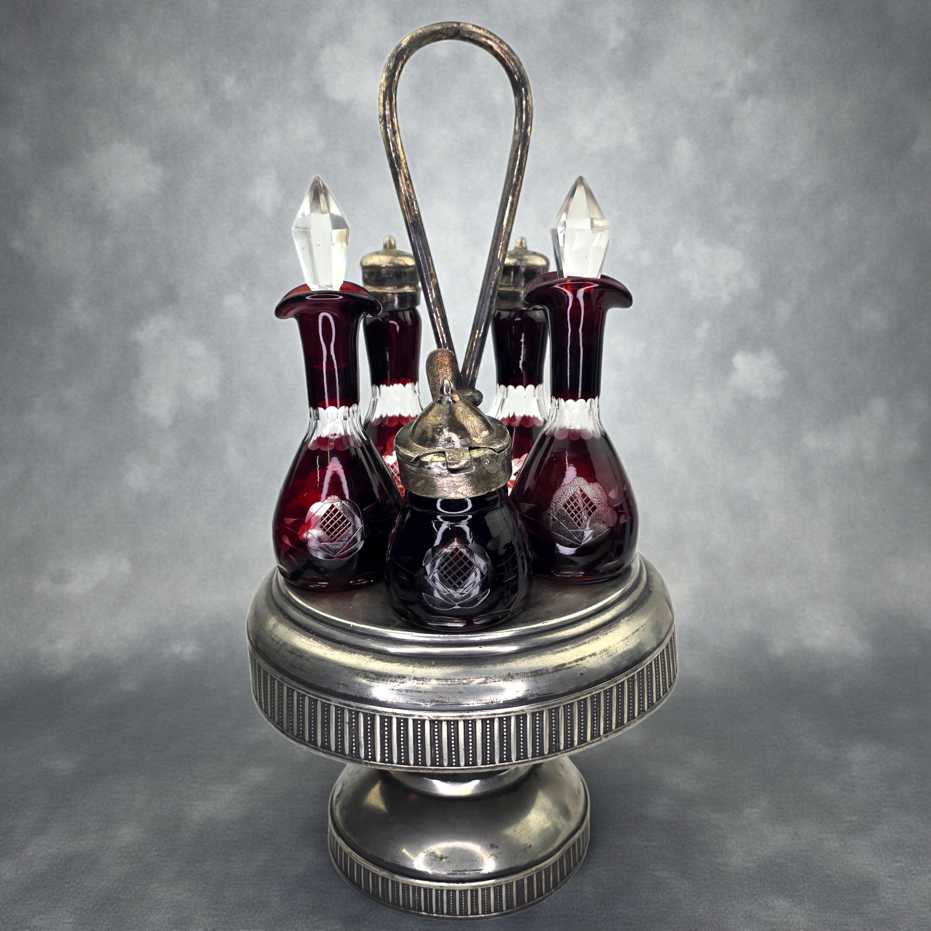 Antique Victorian Bohemian Footed Castor Ruby Red Glass Cut to