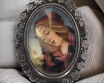 Antique 800 Silver Hand Painted Mother Mary Brooch Antique Painted Portrait Madonna Brooch Silver Mary Pendant Signed Religious Art Brooch