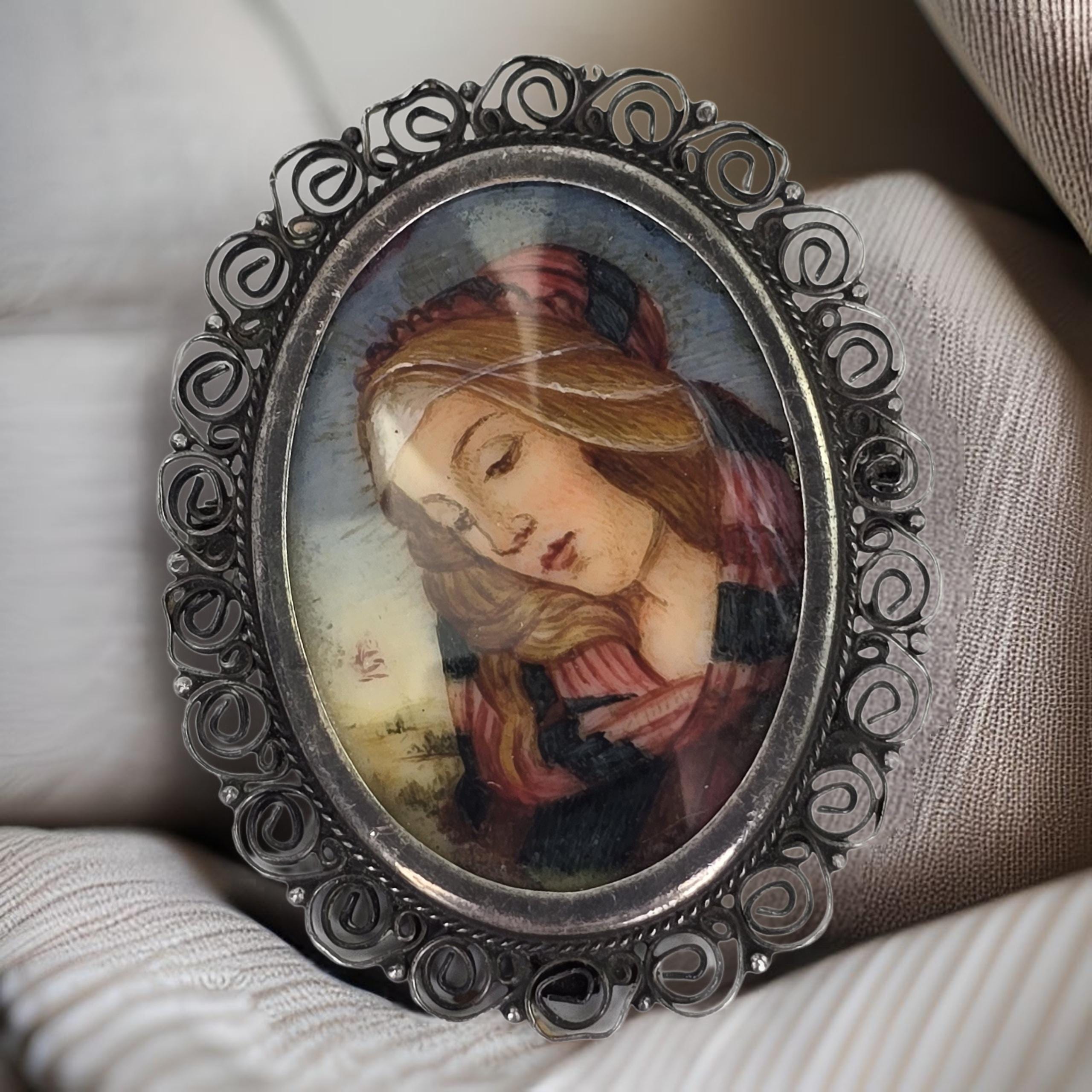Antique 800 Silver Hand Painted Mother Mary Brooch Antique Painted