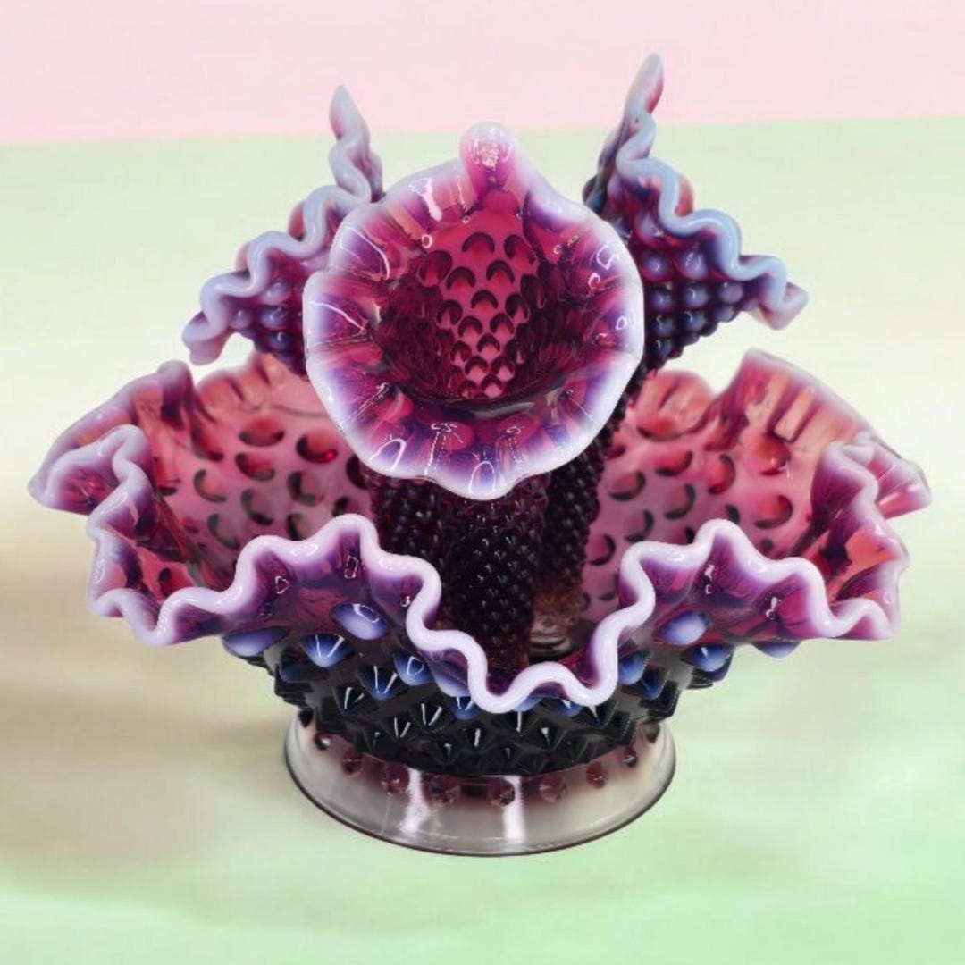 Rare Vintage Fenton Plum Opalescent Hobnail Epergne Flower Vase