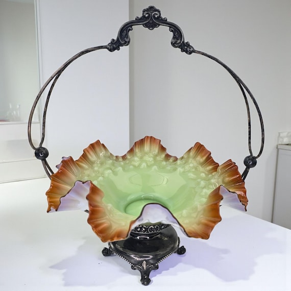 Antique Victorian Bridal Basket Pistachio Green Ox Blood Red Rim