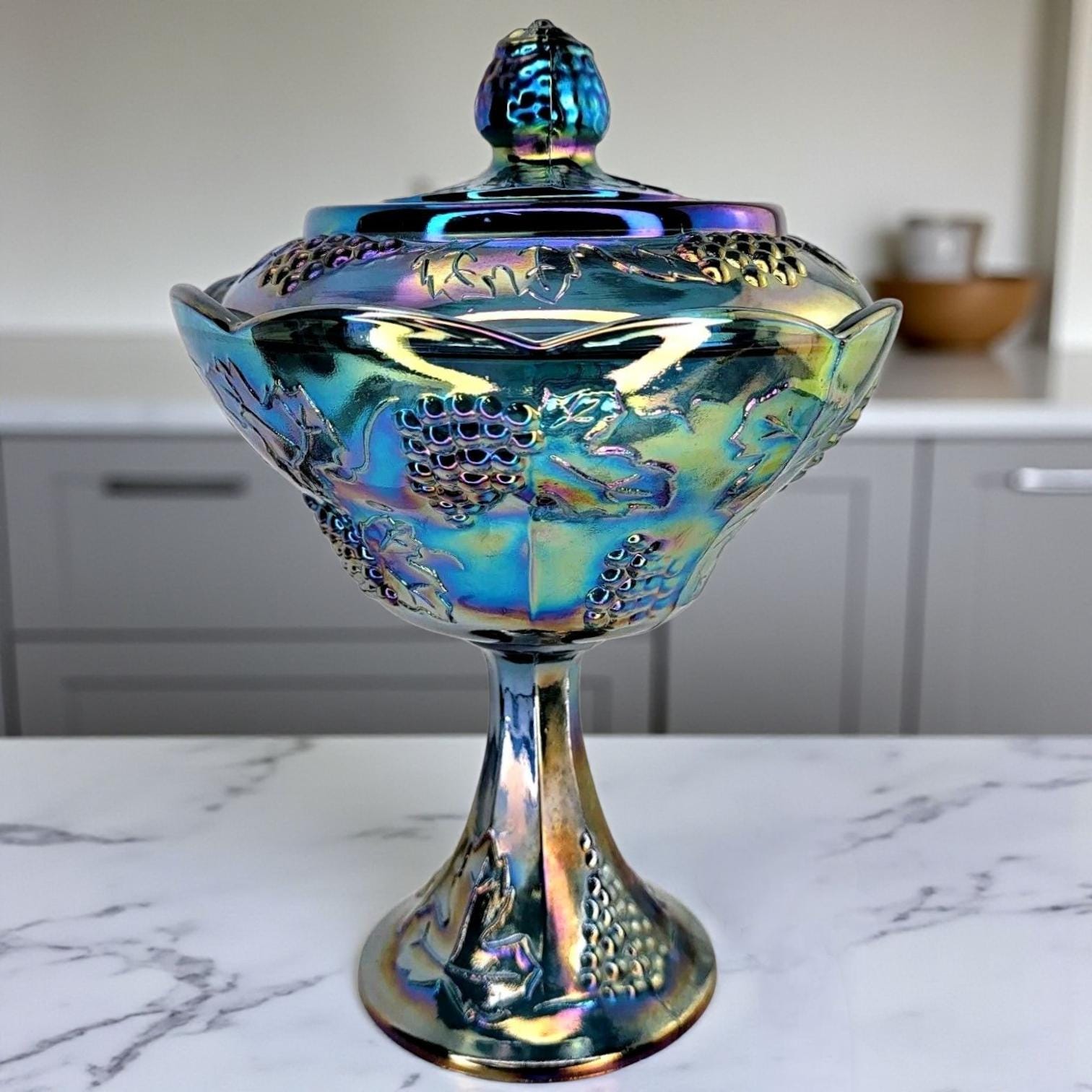 Large Vintage Peacock Blue Carnival Glass Candy Dish Indiana Grape