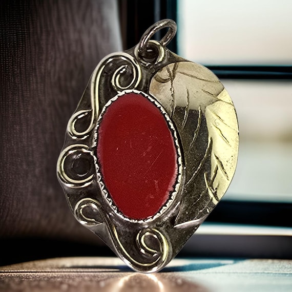 Vintage Navajo Sterling Pendant Red Stone Sterling Silver Leaf