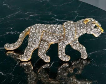 Broche Vintage AFJ Panthère En Métal Doré Avec Strass - Occasion