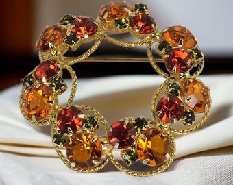 Vintage Juliana DeLizza and Elster Rhinestone Brooch Juliana Fall Colors Brooch Gold Twisted Prong Set Orange Peridot Crystal Juliana Brooch