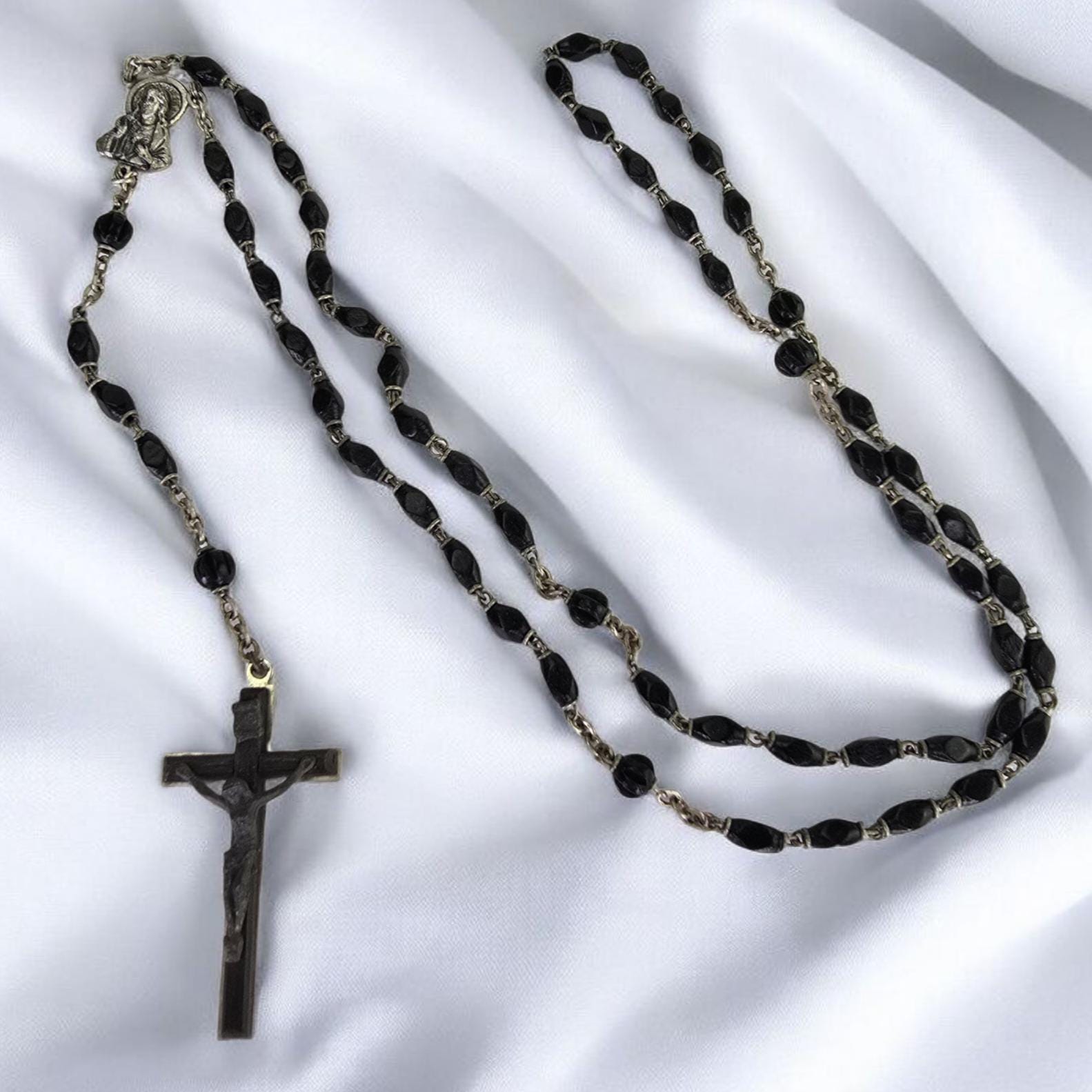 Vintage Italy Black Ebony Beaded Rosary Vintage Ebony Bead Rosary