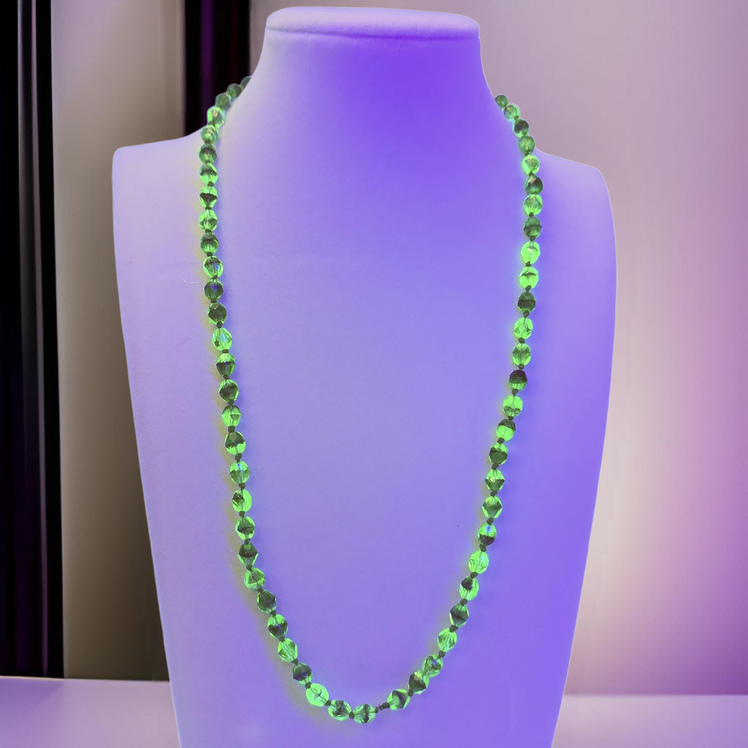 Vintage Unique Faceted Uranium Glass Beaded Necklace Vintage UV Glow Glass Bead Necklace Vaseline Glass Necklace Glows UV Uranium Beads