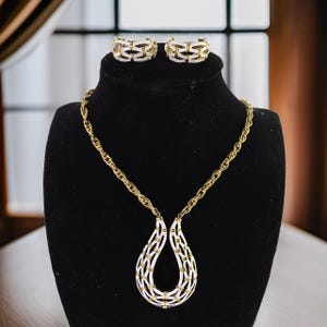 Vintage Trifari Necklace and Earrings Set Trifari Signed Designer Jewelry Gold Tone and White Pendant Necklace Vintage Set Trifari Jewelry