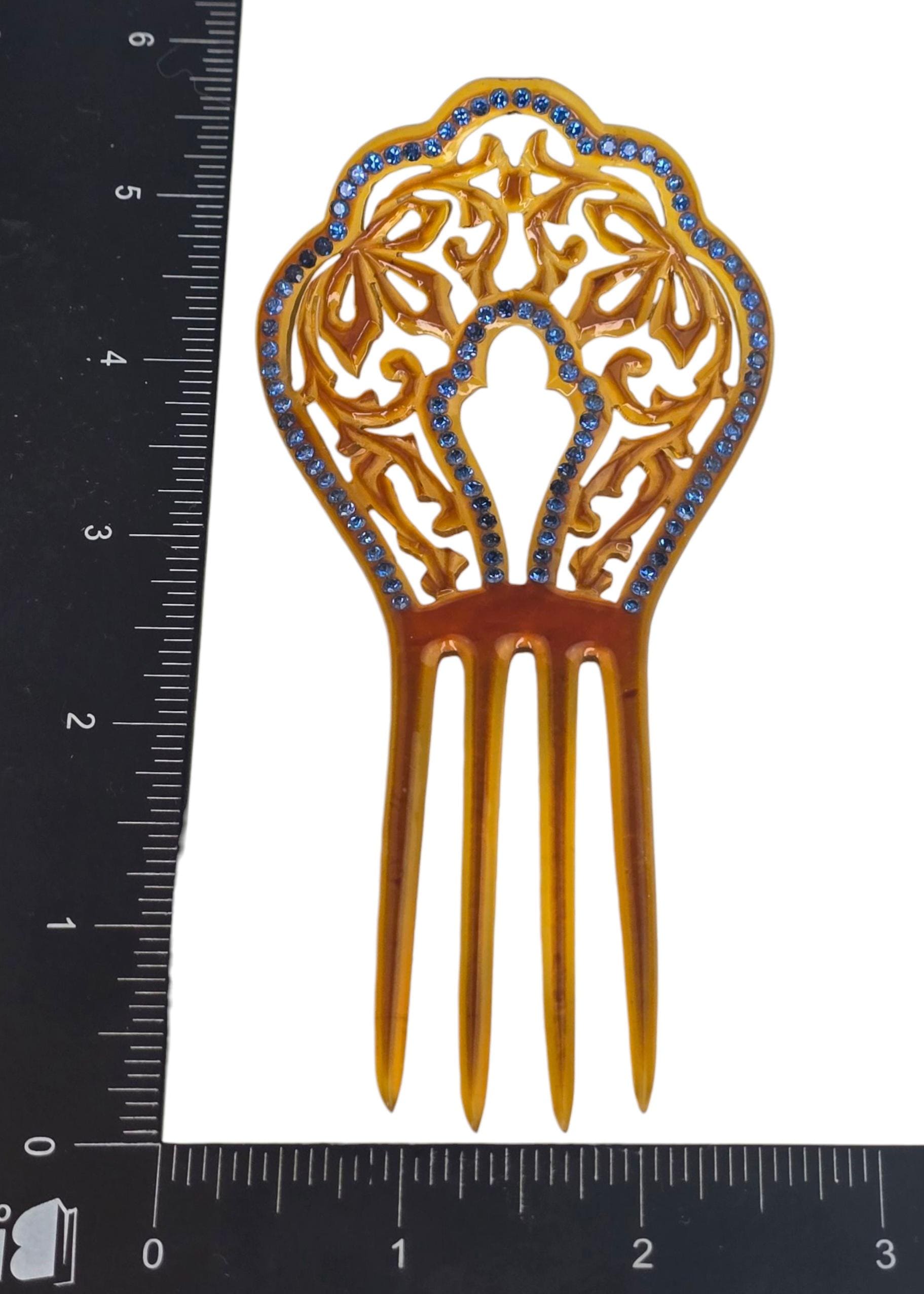 Antique Victorian Hair Comb Celluloid With Blue Rhinestone  display picture 1
