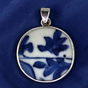 Vintage Sterling Silver 925 Antique Blue and White Chinese Porcelain Shard Pottery Circle Pendant Handcrafted Unique Artisan Made Jewelry