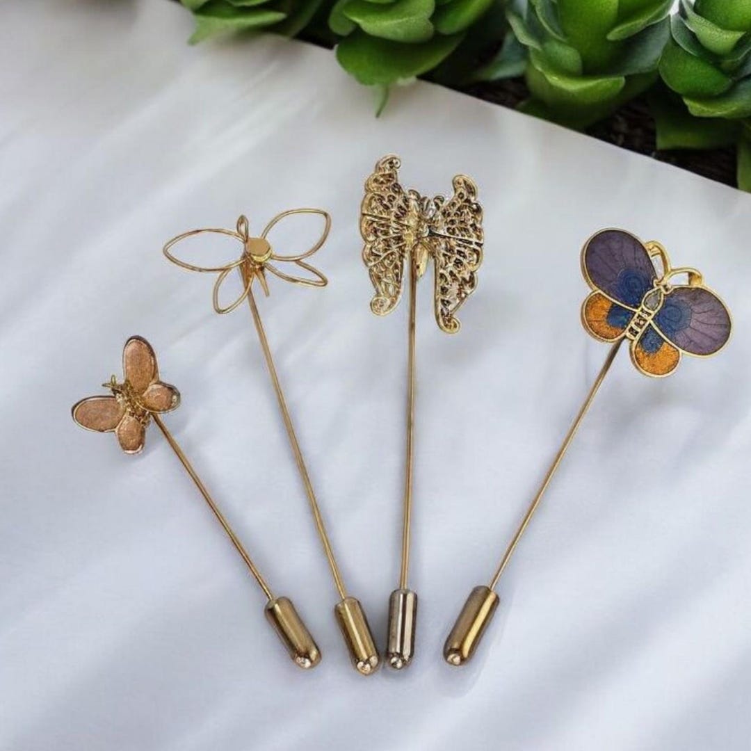 Vintage Set of 4 Butterfly Stick Pins Gold Tone Butterfly Hat Pins Set ...