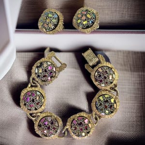 Midcentury Judy Lee Signed Jewelry Set Vintage 1960s Unique Multicolor Gold Tone Jewelry Set Confetti Link Bracelet & Matching Earrings Set