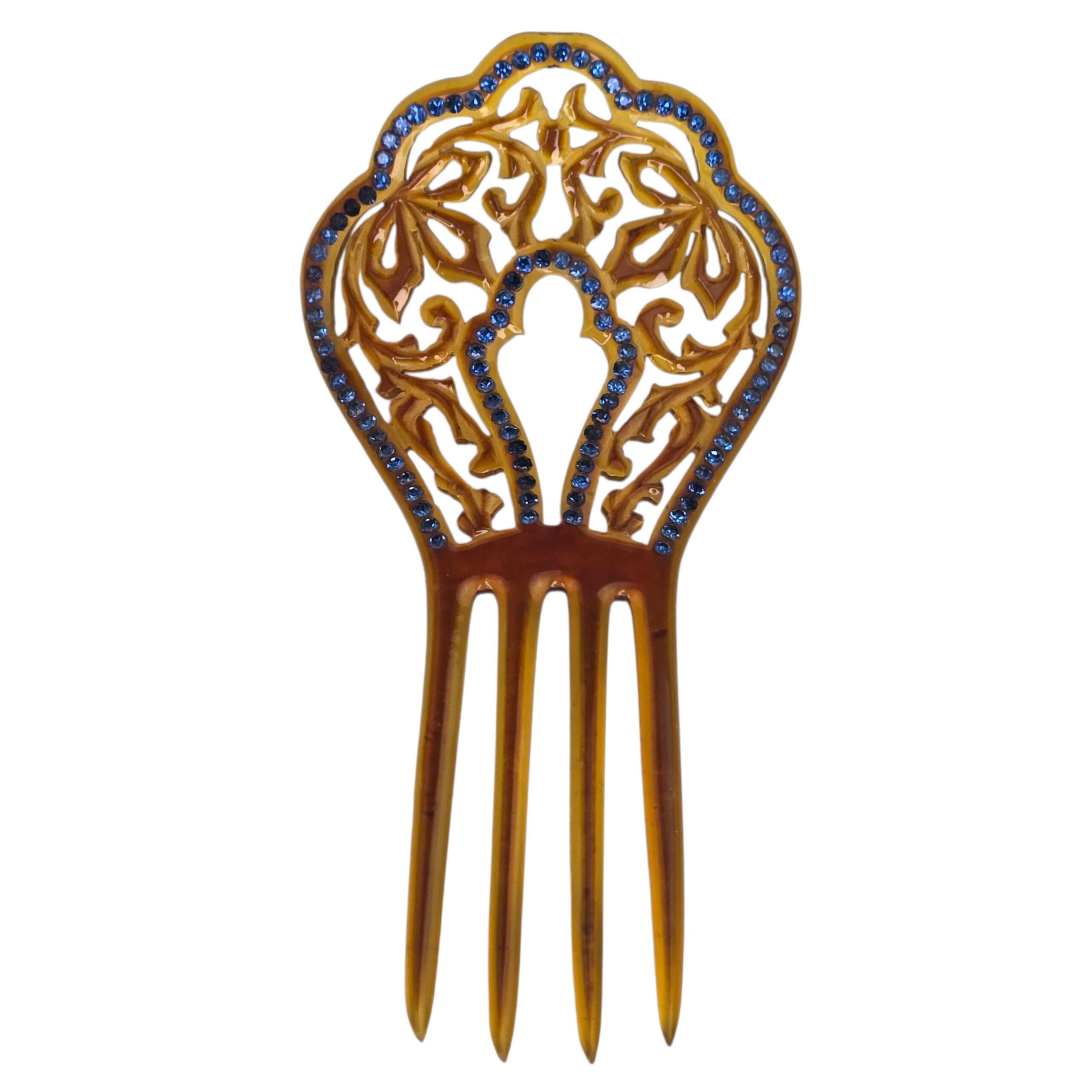 Antique Victorian Hair Comb Celluloid With Blue Rhinestone  display picture 1