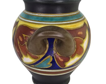 Antique Art Nouveau Gouda Vase Double Handle Floral Art Pottery