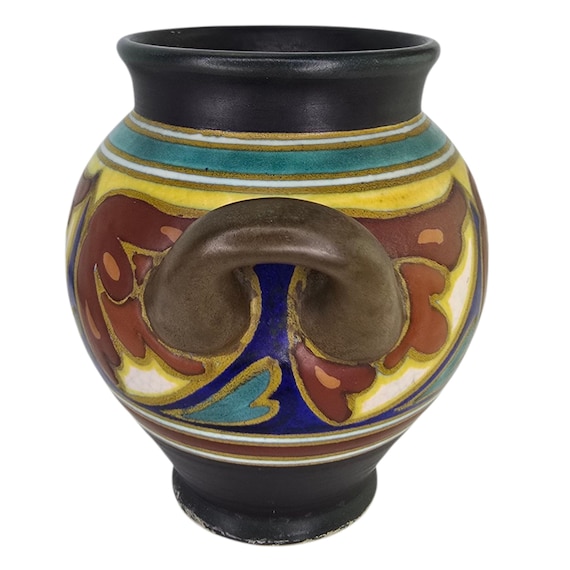 ビンテージgouda pottery Holland flower base Antique Art Nouveau Gouda Vase Double Handle Floral Art