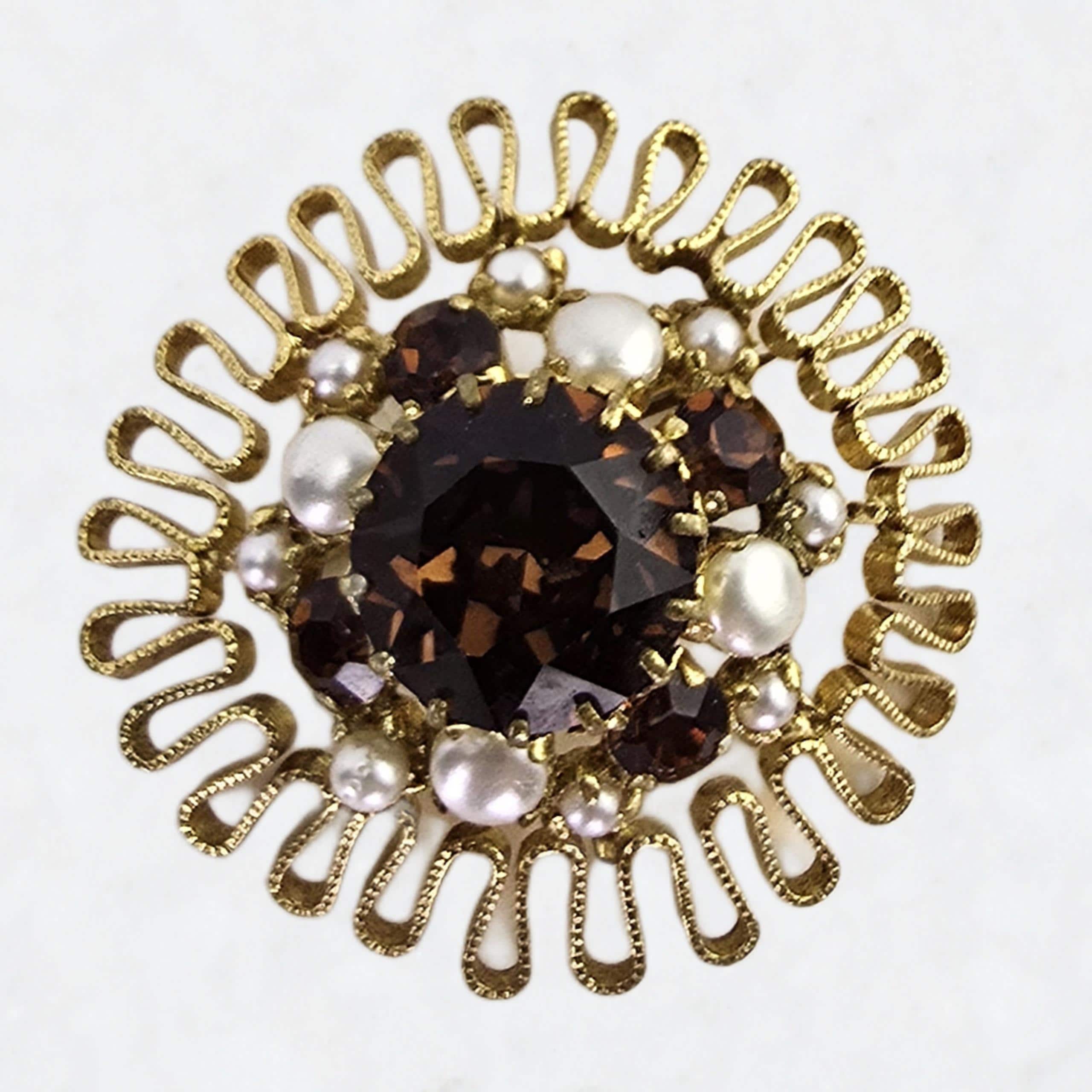 BROCHE VINTAGE Rare Et Sublime - Bijou Doré Avec Perles D'ambre ? Et Strass étincelants
