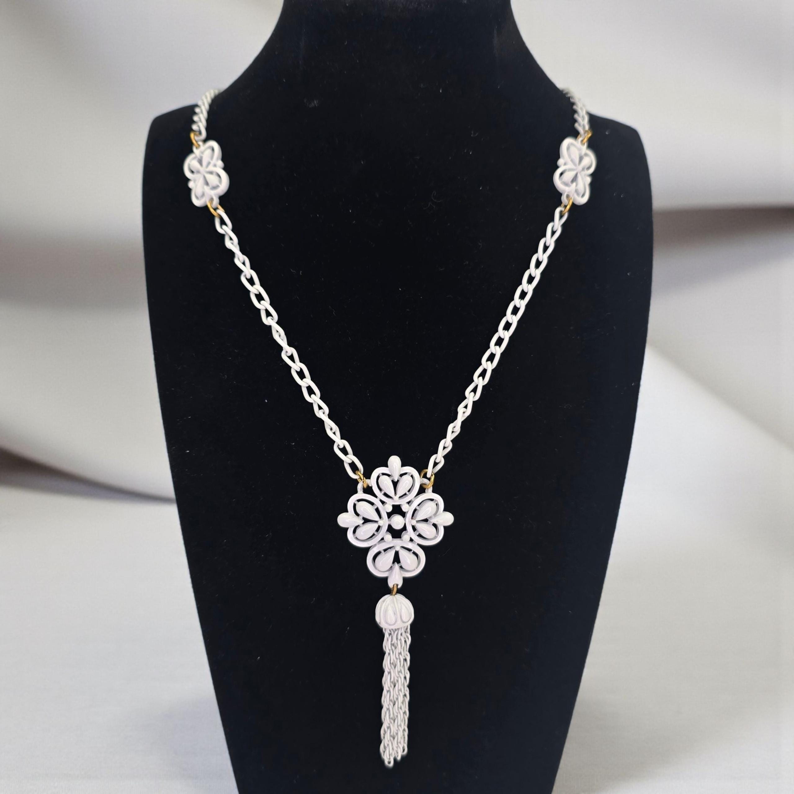 Vintage Crown Trifari White Enamel Dangle Floral Pendant Tassel