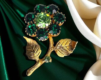 Broche Vintage Années 1950 Florale Plaquée Or Avec Strass Brun - Serti Griffé